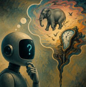 Ilustración conceptual de una inteligencia artificial representada como una red neuronal brillante que genera patrones abstractos, aludiendo a los procesos internos opacos que pueden llevar a alucinaciones o errores en los modelos