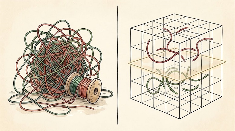 Ilustración del Teorema de Cover: separación lineal de datos proyectados a alta dimensión