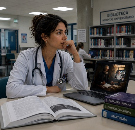 Doctora examinando datos clínicos de un paciente