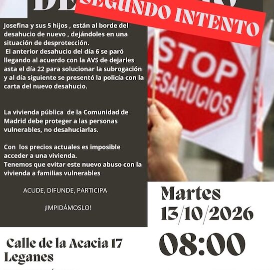 ¡Alerta desahucio! Segundo intento para expulsar a Josefina y sus cinco hijos de una vivienda pública de la CAM