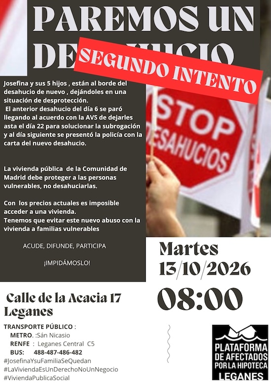 ¡Alerta desahucio! Segundo intento para expulsar a Josefina y sus cinco hijos de una vivienda pública de la CAM