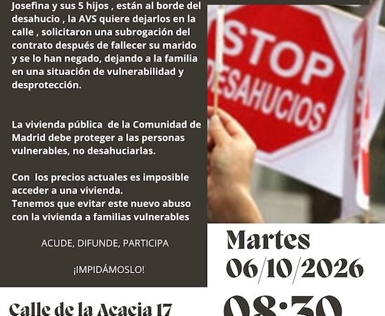 PAH Leganés denuncia el desahucio de Josefina y sus cinco hijos de una vivienda pública de la CAM