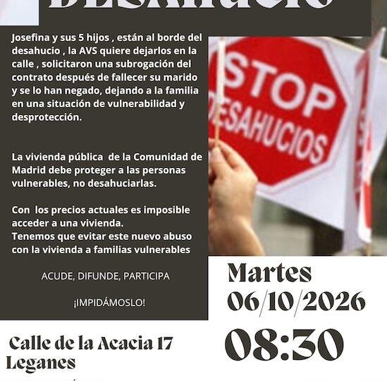 PAH Leganés denuncia el desahucio de Josefina y sus cinco hijos de una vivienda pública de la CAM