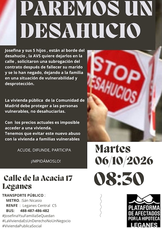 PAH Leganés denuncia el desahucio de Josefina y sus cinco hijos de una vivienda pública de la CAM